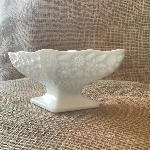 Vintage Milk Glass Floral Pedestal Bowl - Diamond Shape - Picture 3 of 6